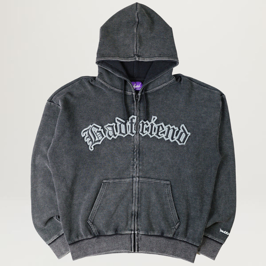 Badfriend Waffle Knit Full Zip Sweater (Off-Black)