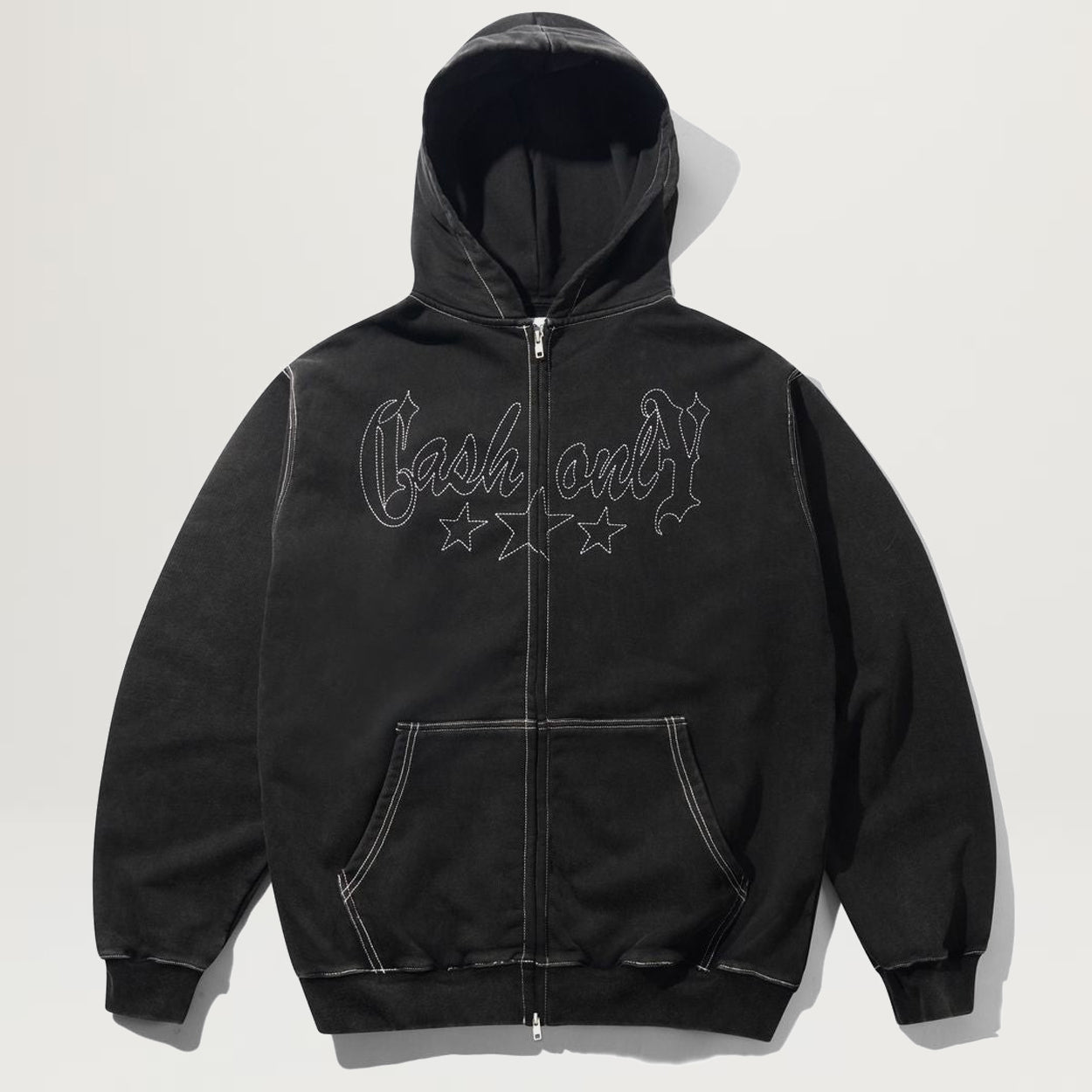 Cash Only Strip Zip-Thru Hoodie (Washed Black)